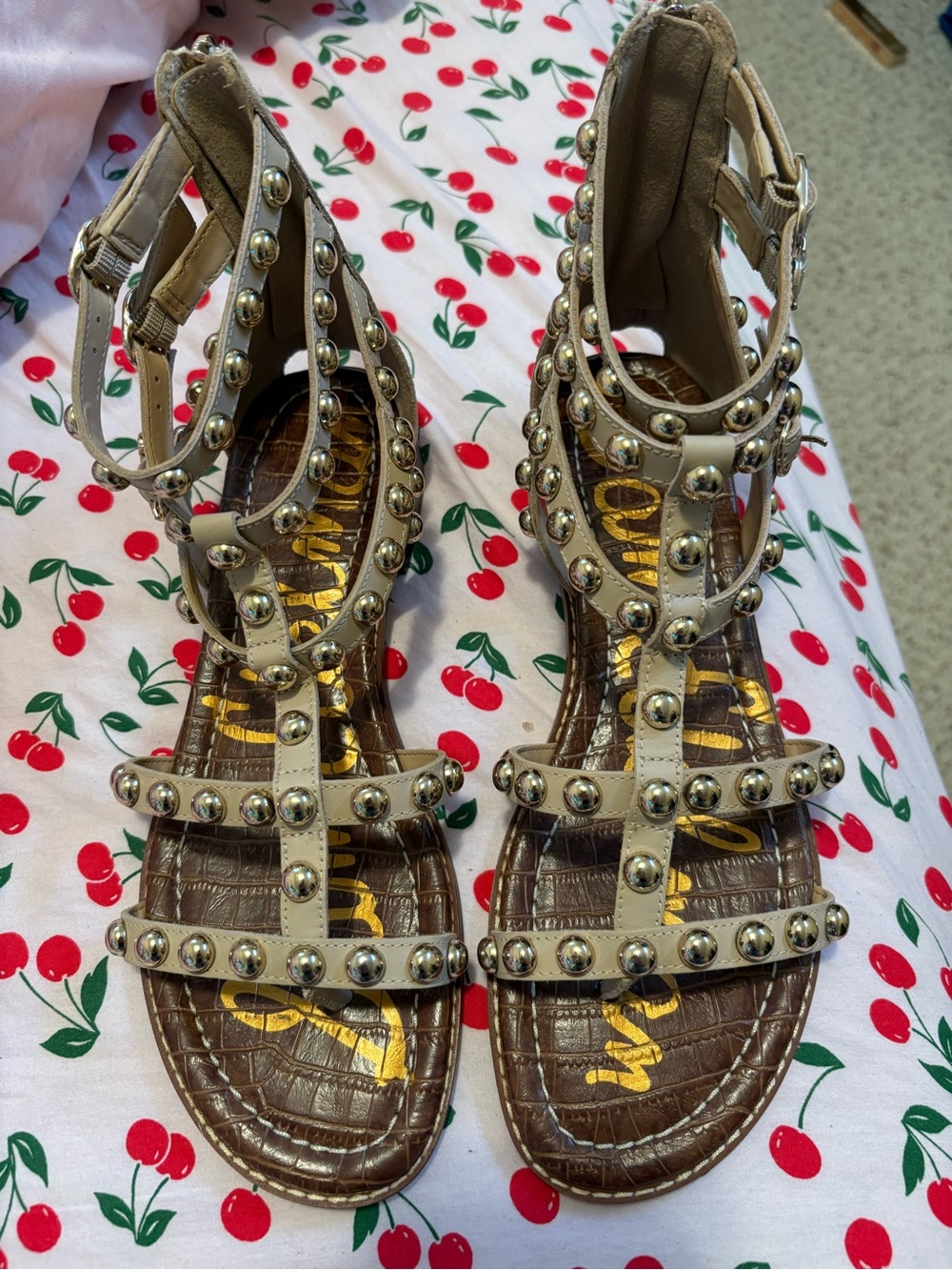New Sam Edelman Studded Strappy Gladiator Sandals in Beige